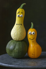 Stacked Gourds with Cartoon Faces &ndash; Whimsical Autumn Composition.