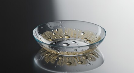 Stunning close-up of a contact lens with water droplets in a clean, modern studio setting