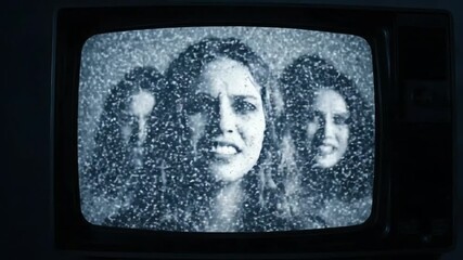 Retro television displaying faces with static noise abstract concept