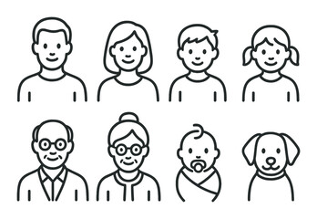 Diverse cartoon portraits of various ages and a dog on textured background