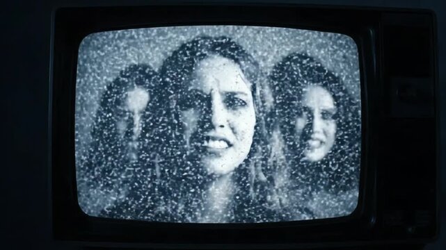 Retro television displaying faces with static noise abstract concept