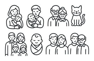 Illustrated family icons: diverse ages with cat on dark background