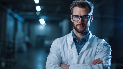 Fototapeta premium Confident scientist in lab coat looking at the camera with arms crossed