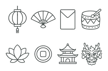 Traditional asian cultural symbols: lantern, fan, drum, pagoda, dragon
