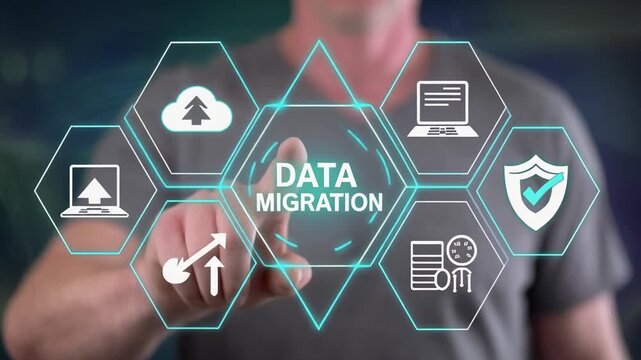 Man using virtual touchscreen presses text: DATA MIGRATION. Send of document on internet. Data migration, transfer file between folder, backup data, copy files. Data exchange, virtual document 4k