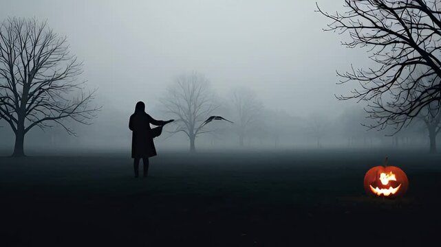Spooky Halloween Night with a Mysterious Figure in the Fog. - Powered by Adobe