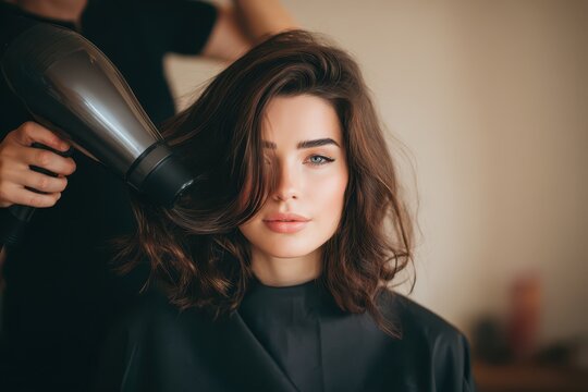 Hair Blowout. Beautiful Woman Enjoying Blow Dry Styling in Comfort of Home Salon