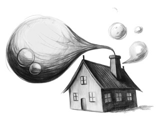 Illustration of a house with smoke bubbles isolated on transparent background