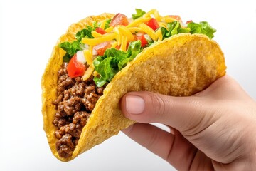 Hand Holding Taco. Mexican Beef and Cheese Tacos with Fresh Vegetables on White Background