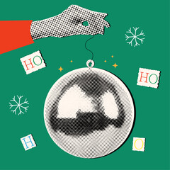 Christmas and New year halftone collage elements set,cutout of magazine elements,hand holding disco ball