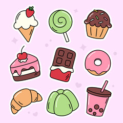 Cute kawaii desserts, set of simple cartoon style drawings, vector illustrations
