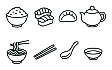 Line art icons of asian cuisine: sushi, dumplings, teapot, and noodles