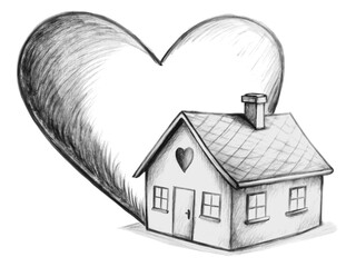 House with heart illustration isolated on transparent background in pencil drawing style