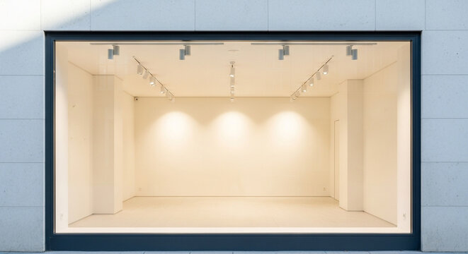 Contemporary blank retail window display illuminated by warm ceiling lights
