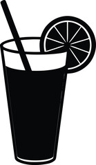 Simple black and white hand drawn illustration of a refreshing dark beverage in a glass with a straw and lemon slice garnish