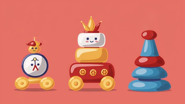 Three whimsical toy illustrations on a coral background clock, crowned stack, and cone