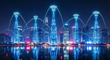 5G Network Connectivity in Modern Smart City Skyline at Night