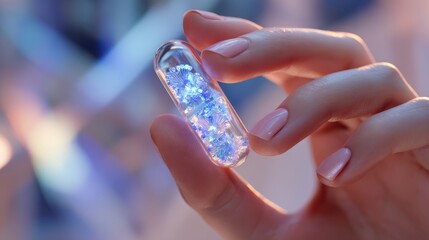 pretty young attractive woman posing on blue background holding molecule model in her hand