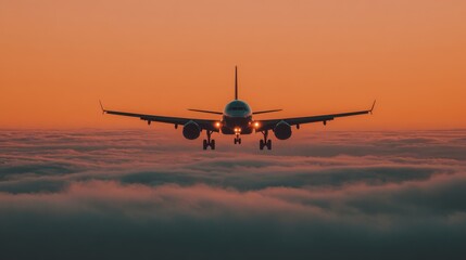 Airplane is flying in colorful sky over the city at night. Landscape with passenger airplane, skyline, purple sky with red and pink clouds. Aircraft is landing at sunset. Aerial view. Transport