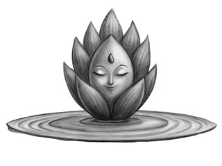 Lotus flower with face on water isolated on transparent background, peaceful and serene