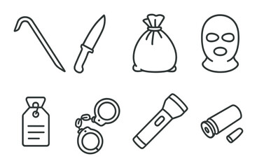 Crime tools icons: bag, mask, knife, crowbar, handcuffs, flashlight, tag, cartridge