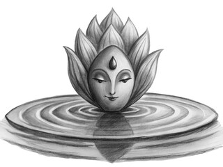 Lotus flower with face on water isolated on transparent background, peaceful and serene