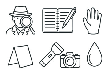 Mystery clues: detective hat, notebook, handprint, evidence tent, flashlight, camera, water droplet