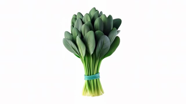 A fresh bunch of green leaves tied with a blue band against a white background.