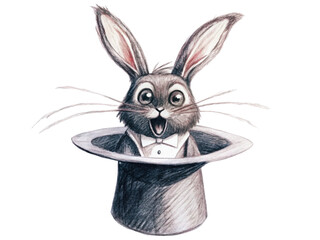 A charming rabbit magician emerges from a black top hat isolated on transparent background
