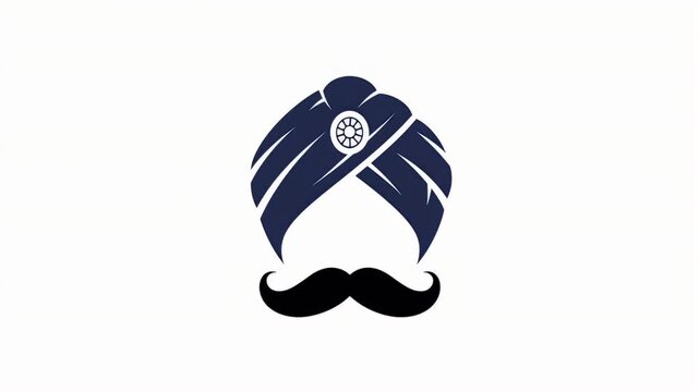 A stylized illustration features a navy blue turban with a white detail, topped by a black mustache