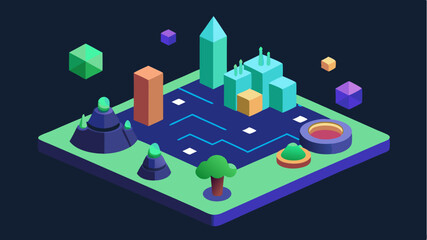 An immersive tabletop game interface that visualizes data trends as dynamic landscapes with interactive elements representing various analytics.