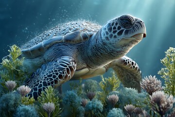 A majestic sea turtle gracefully navigates through the lush underwater flora, its shell glowing as sunlight dances across the aquatic landscape, capturing the beauty of ocean life.