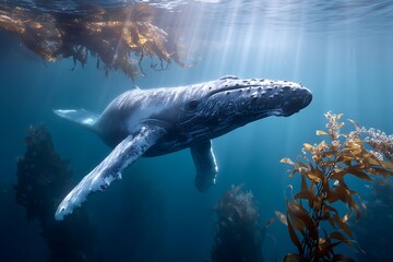 A majestic whale gracefully moves through an underwater kelp forest, with sunlight filtering through the water above, casting gentle beams that illuminate the vibrant marine life below.
