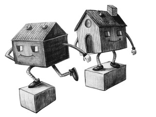 Two cheerful houses are walking together isolated on transparent background