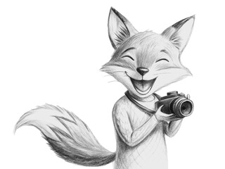 Cartoon fox taking a picture with a camera with a smile isolated on transparent background