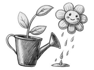 Watering can watering a plant and a flower isolated on transparent background illustration