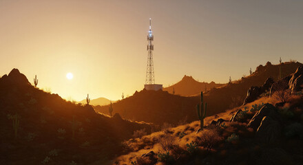 Telecommunication Tower in Remote Desert Landscape at Golden Hour Sunset