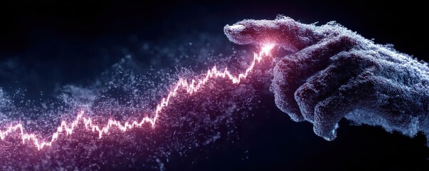 Abstract digital hand interacting with glowing trendline in dark background