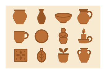 Decorative collection of brown ceramic items including vases, bowls, mugs, and candleholders
