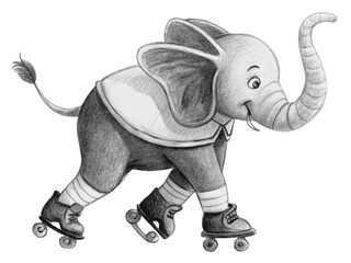 Illustration of an elephant on roller skates isolated on transparent background, happy and cute