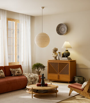 Warm japandi living room interior with wooden furniture and terracotta sofa. 3D illustration
