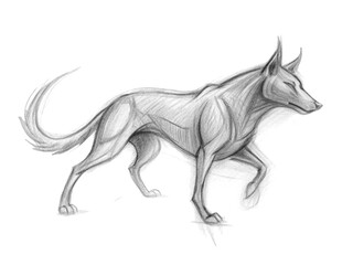 A wolf in motion, captured in a dynamic pencil sketch isolated on transparent background