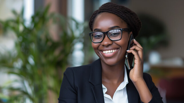 Executiva Sorridente em Chamada de Celular no Escrit&oacute;rio
