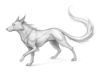 A pencil drawing of a wolf walking with its tail curled up, isolated on transparent background