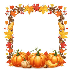 Autumn fall harvest square frame border made of colorful maple leaves oak leaves pumpkins and berries isolated on white background

