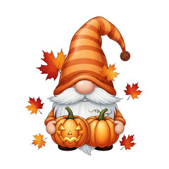 Cute thanksgiving gnome with long beard orange pointed hat sitting on pumpkins and gourds autumn holiday illustration
