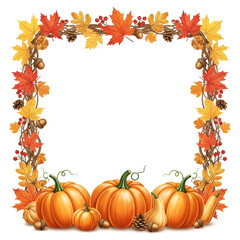 Autumn fall harvest square frame border made of colorful maple leaves oak leaves pumpkins and berries isolated on white
