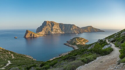 Beautiful view of es vedra island in ibiza, spain on a sunny day with clear blue sky