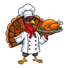 cartoon turkey bird chef wearing hat and uniform holding a platter with roasted turkey