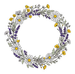 Obraz premium Minimalist Botanical Wreath Vector Art: Herbs, Wildflowers, Clean Lines